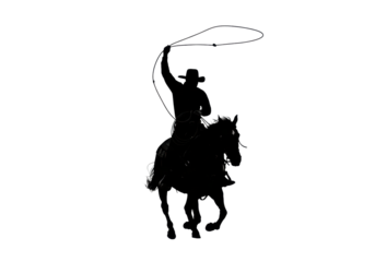 high-contrast, jet-black silhouette of a classic cowboy on a powerfully galloping horse, swinging a looping lasso, top-down view on transparent, minimalist depiction of rodeo action