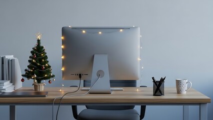 Desk with Computer Decorated for Christmas with Tree and Lights holiday