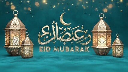 Eid Mubarak Greeting with Ornate Lanterns and Crescent Moon image muslim
