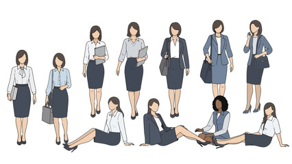 Diverse Group of Professional Women in Business Attire Posed in Various Stances