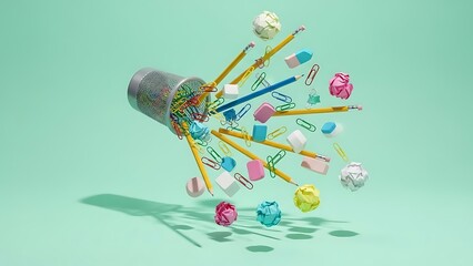 Stationery explosion from a metal cup against a mint green background school supplies