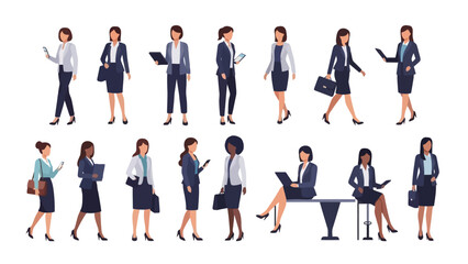Diverse Businesswomen Team in Professional Attire Posing with Devices and Briefcases