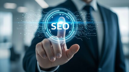 Business professional interacting with a futuristic digital interface displaying the letters seo for search engine optimization