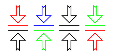 Upload and download arrow icon set with different color variations and styles – vector editorial stroke 