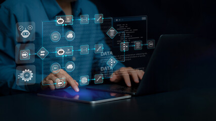 AI automation workflow diagram, artificial intelligence software interface nodes triggers data tool dashboard coding icon flow process technology. Ai agent and process flow on digital code background.
