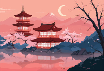 Fototapeta premium Serene Japanese landscape vector illustration featuring a traditional red pagoda temple, blooming cherry blossom trees, and Mount Fuji background under a crescent moon in a flat comic style
