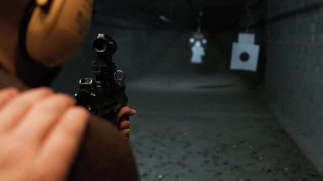 A person firing an MP5 submachine gun in bursts at a shooting range. Ideal for firearms, tactical training, military, law enforcement, and weaponry stock footage.