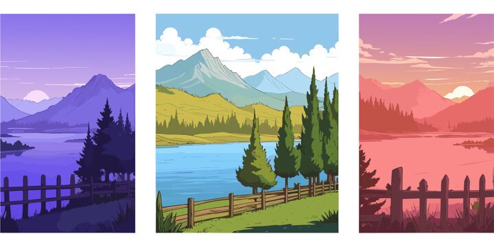 Set of three vertical nature landscape vector illustrations featuring peaceful lakes, mountain ranges, pine trees, and wooden fences in daylight, sunset, and twilight comic styles, perfect for mobile