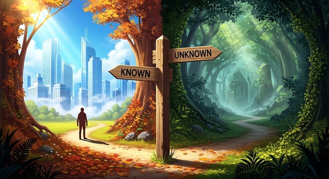 A split image showing a path leading from a modern city to an unknown forest. A sign directs one on a journey