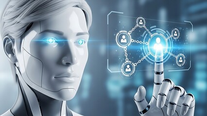 Futuristic portrait of a female cyborg with glowing digital interface and advanced robotic components representing artificial intelligence