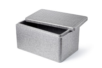 Empty gray styrofoam box with lid on white background