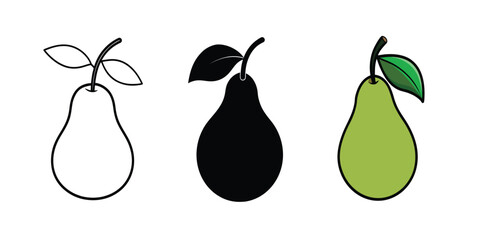 Obraz premium A visual representation of a pear in three distinct styles: outline, solid silhouette, and colored illustration with leaves.
