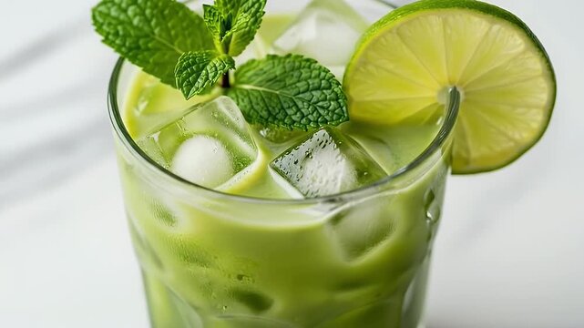 A visually appealing close-up shot showcases a vibrant green iced beverage served in a clear glass. Fresh mint leaves and a bright lime slice artfully garnish the drink, while numerous ice cubes float