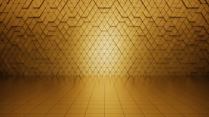 Golden triangular geometric pattern wall and floor with reflections yellow metallic