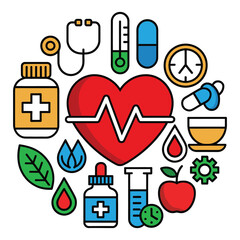 Heart Health and Medical Care Icon Set &ndash; Healthcare, Wellness, and Medical Services Vector Illustration