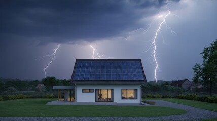 Modern house with solar panels during a dramatic lightning storm home roof