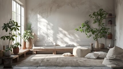 Cozy living room interior with natural sunlight streaming