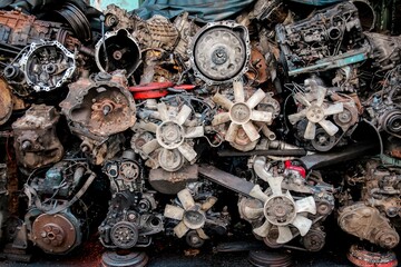 Used old engines in a second-hand car parts store