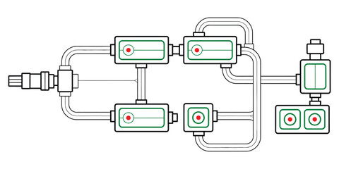 Hydraulic Circuit Diagram with Multi-Cylinder Fluid Controls &ndash; Technical Vector Drawing