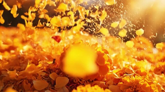 A close-up of a vibrant orange marigold flower amidst a shower of falling petals backlit by warm golden sunlight