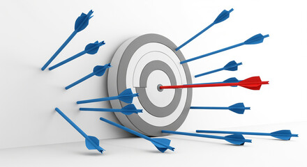 Red arrow hitting the center while blue arrows miss. Perfect for business success, strategy, accuracy, and goal-setting topics.