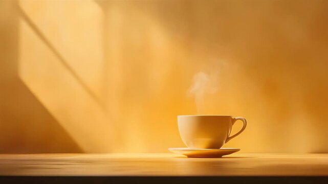 Steaming Hot Coffee Cup With Warm Sunlight And Shadows On Wooden Table
