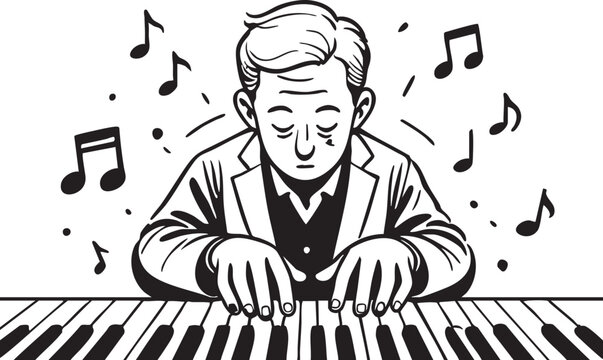 Vector illustration: pianist playing piano with music notes eps silhouette