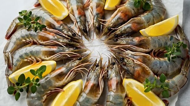 A visually appealing top-down view of raw, fresh shrimp, meticulously arranged in a circular pattern on a light surface. The succulent seafood is beautifully accentuated with bright yellow lemon wedge