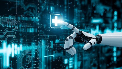 Futuristic robotic hand interacting with a digital interface of flowing data streams and glowing connections