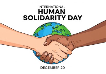 Illustration of two hands shaking in front of a globe with the text “International Human Solidarity Day – December 20,” symbolizing unity, equality, global cooperation and humanitarian awareness