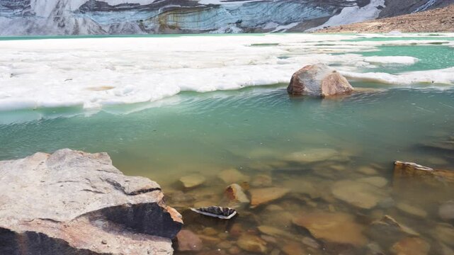 Edith Cavell Lake in Jasper National Park, surrounded by majestic mountains and glaciers