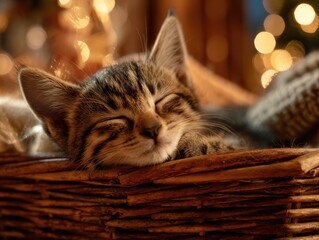 kitten sleeping in basket