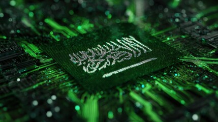 Close view of a green circuit board with a central chip showing patterns and designs on a digital layout