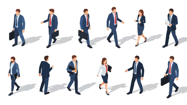 Diverse Group of Business Professionals Walking with Briefcases, Isometric Style