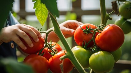 Child's hands picking ripe tomatoes from vine fresh tomatoes in greenhouse organic homegrown produce concept children harvesting garden