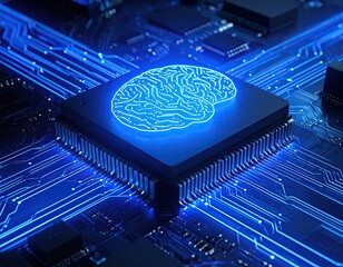 Glowing brain outline on a computer chip, surrounded by blue electronic pathways