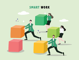 A team works efficiently together, pushing large colored blocks to represent collaboration, growth, and creative effort, highlighting the power of unity in achieving progress.