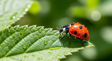 Fototapeta premium Red ladybug with black spots on a dewy green leaf