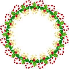 Round wreath frame made of candy cane, pretty bow and Christmas holly