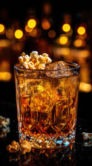 Whiskey Glass with Ice and Popcorn Garnish