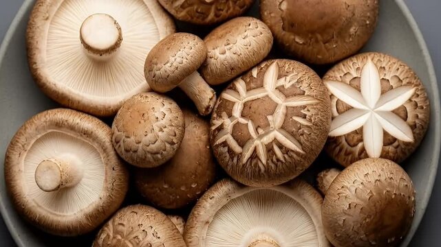 The video showcases a pristine, high-angle flat lay arrangement of a diverse collection of fresh, brown mushrooms on a minimalist grey surface. Some mushrooms are displayed cap-down, revealing their i