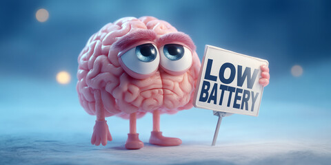 A Hyper-realistic 3D Cartoon Brain Character Showing Extreme Mental Burnout while Holding a &ldquo;LOW BATTERY&rdquo; Sign with Exhausted Expression on Soft Blue Blurred Background with Copy Space. Generative Ai.