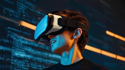 Teenage boy using VR headset with neon running code in the background, emphasizing virtual reality, gaming, technology, cyber themes, innovation and futuristic mood. - Powered by Adobe