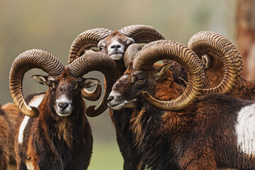 Ovis orientalis musimon European Mouflon rams close portrait with massive spiral horns