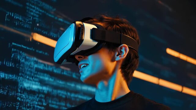 Teenage boy using VR headset with neon running code in the background, emphasizing virtual reality, gaming, technology, cyber themes, innovation and futuristic mood.