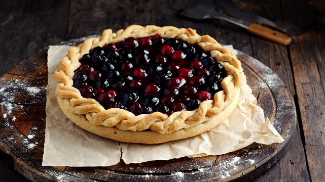 Round cherry pie with fresh berries on a wooden surface, showcasing homemade baking, dessert, comfort food, culinary aesthetics, cozy atmosphere and food blogging appeal.