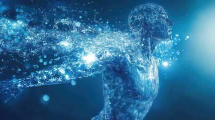 Transparent human body shape filled of water, blue shining background, copy space. Hydration concept. Water importance