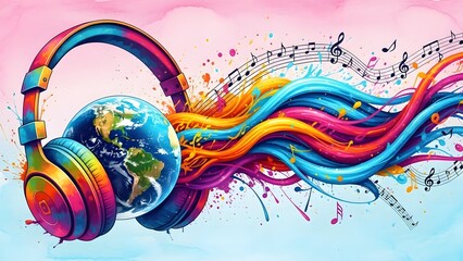 Colorful headphones on planet earth with musical notes and abstract sound waves globe