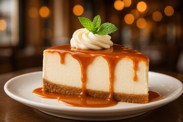 Sweet Delight: A single slice of exquisite cheesecake, adorned with a drizzle of rich caramel sauce and a delicate sprig of mint, sits gracefully on a pristine plate, inviting indulgence.