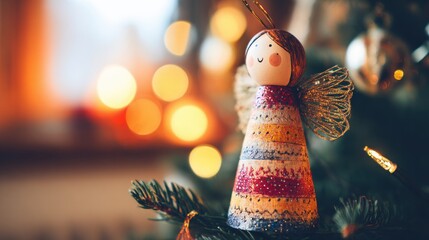 Fototapeta premium Christmas angel ornament on a tree with warm lights in background